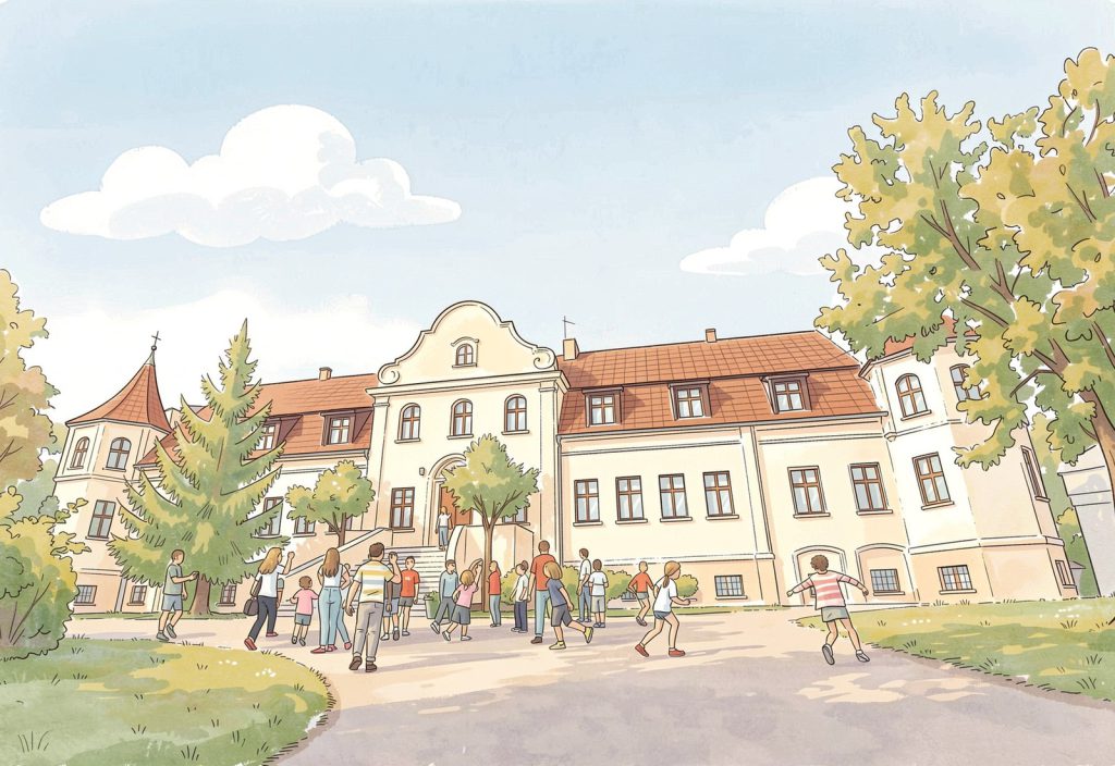 Rysunkowy widok historycznego budynku Szpitala Wojnowo
