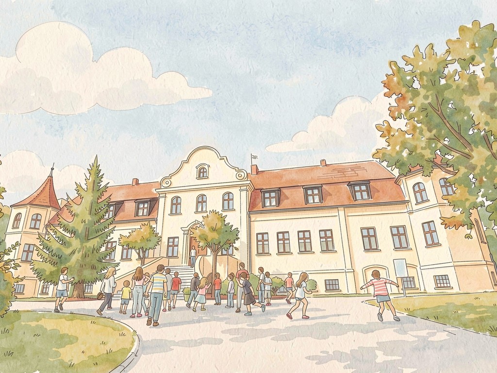 Realne zdjęcie historycznego budynku szpitala w Wojnowie, stylizowane graficznie